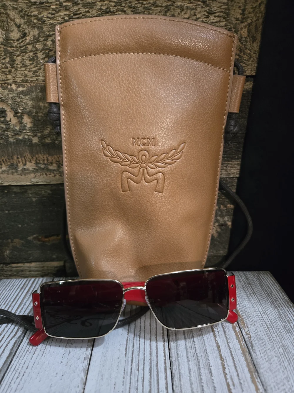 MCM MW0012 32E Red Gold Rectangle Sunglasses + Crossbody Case